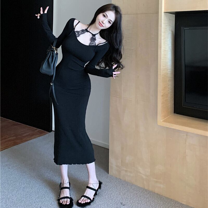【dress】レースドッキングニットワンピース　M27875