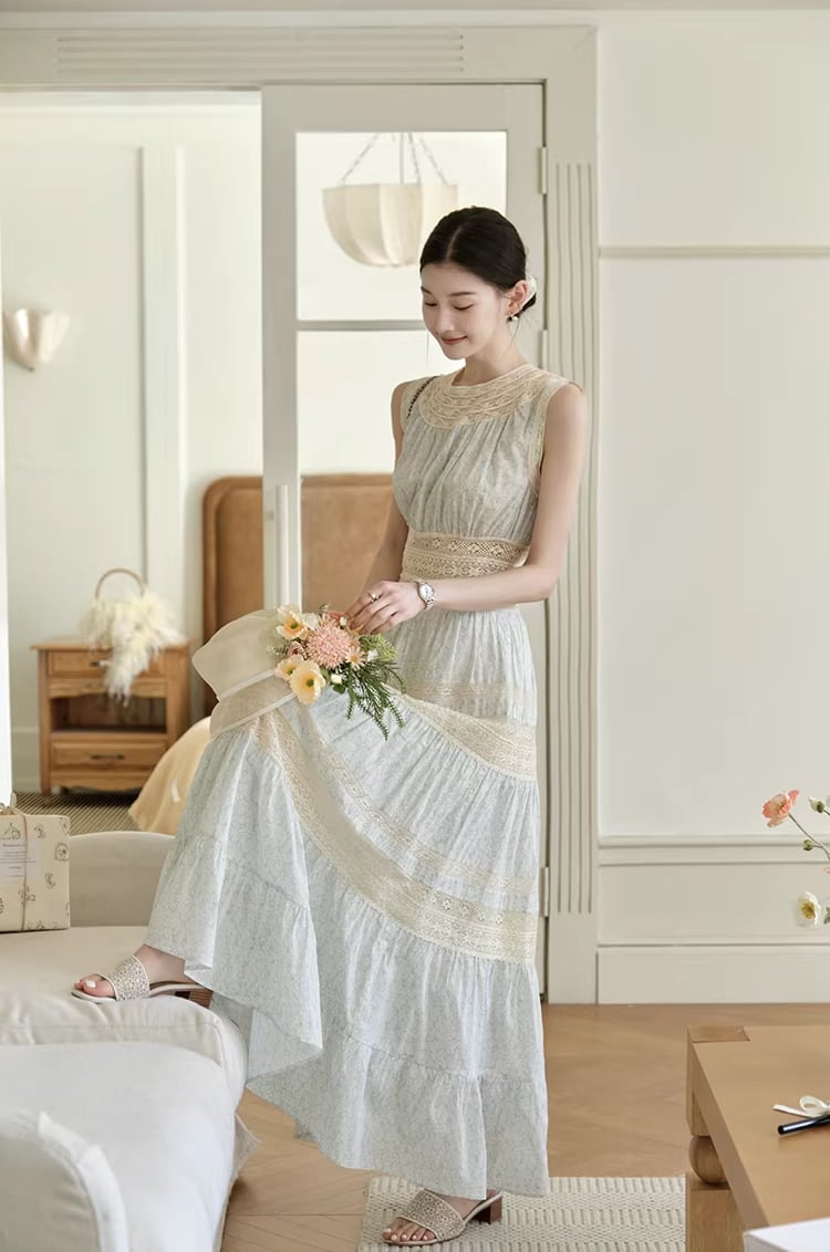 【dress】レースドッキングロングワンピース Q8386