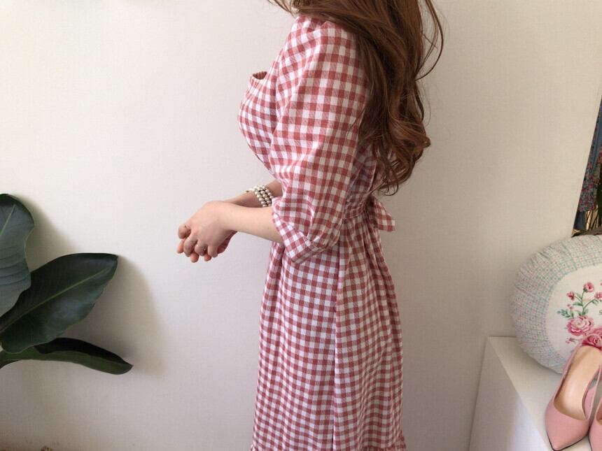 【dress】優しい雰囲気気質満点レトロスクエアネック着痩せ5分袖チェック柄ワンピース G1641