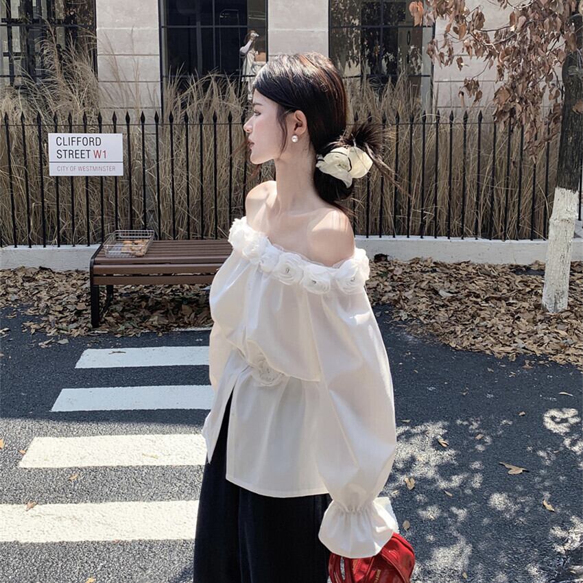 【tops】ボートネック立体フラワーシャツトップス　M29555