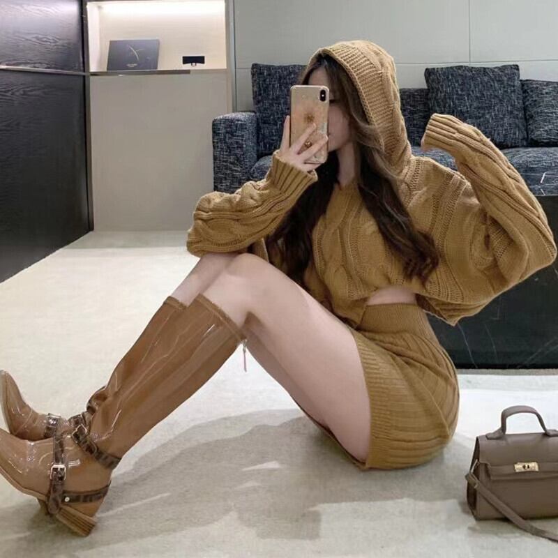 【set】気質満点レトロオシャレニットトップス+ハイウエストタイトスカート２点セット G9482