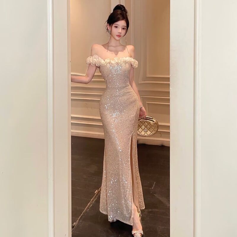 【dress】スパンコール付きオフショルダーロングワンピース Q8041