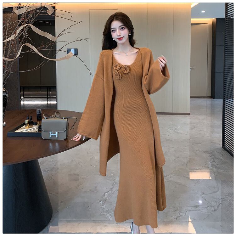 【set】立体フラワーベストワンピース×ロング丈ニットカーデセット　M27870