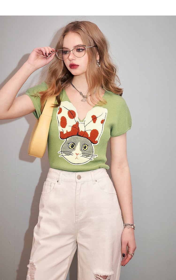 【tops】VネックニットプリントトップスG20926