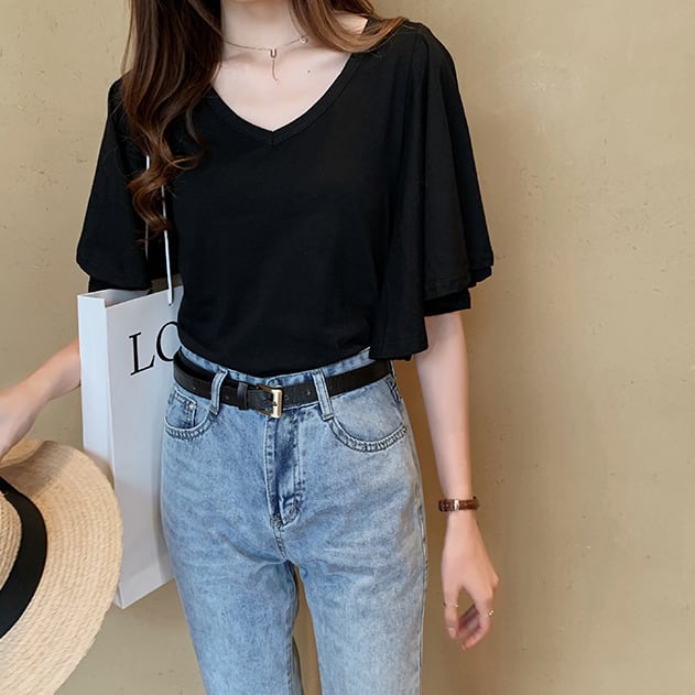 【tops】美人度アップVネック半袖ファッションフレアスリーブ無地着回しTシャツF0001