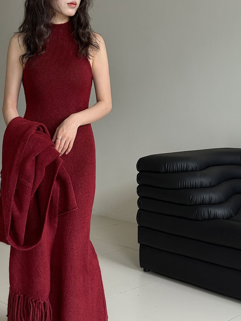 【set】ストール×ノースリーブニットワンピースセット　N3472