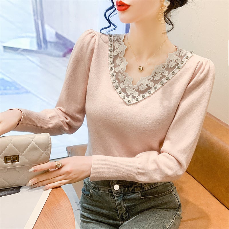 【tops】Vネックレース切り替えニットトップス　M28260