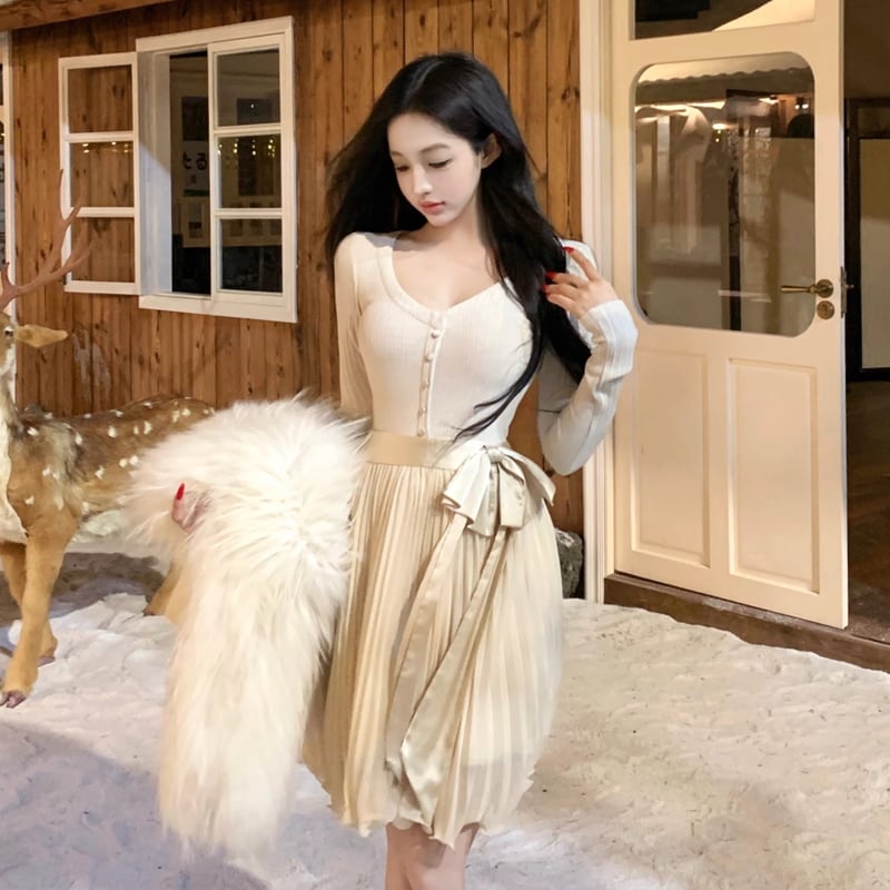 【dress】リボン付きプリーツニットワンピース Q7283