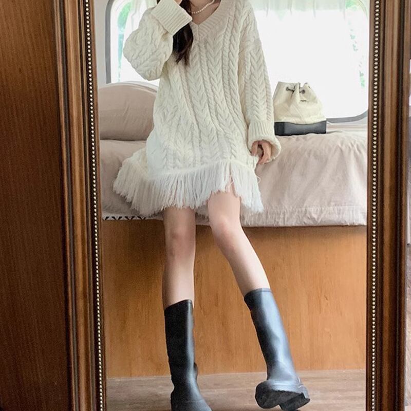 【dress】Vネックフリンジセーターワンピース　M18333