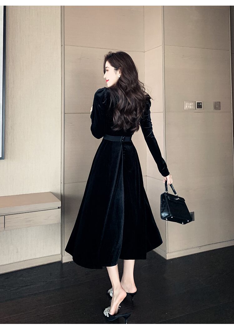 【dress】美人度アップ!気質満点ハイウエスト長袖 スクエアネックワンピース G1418