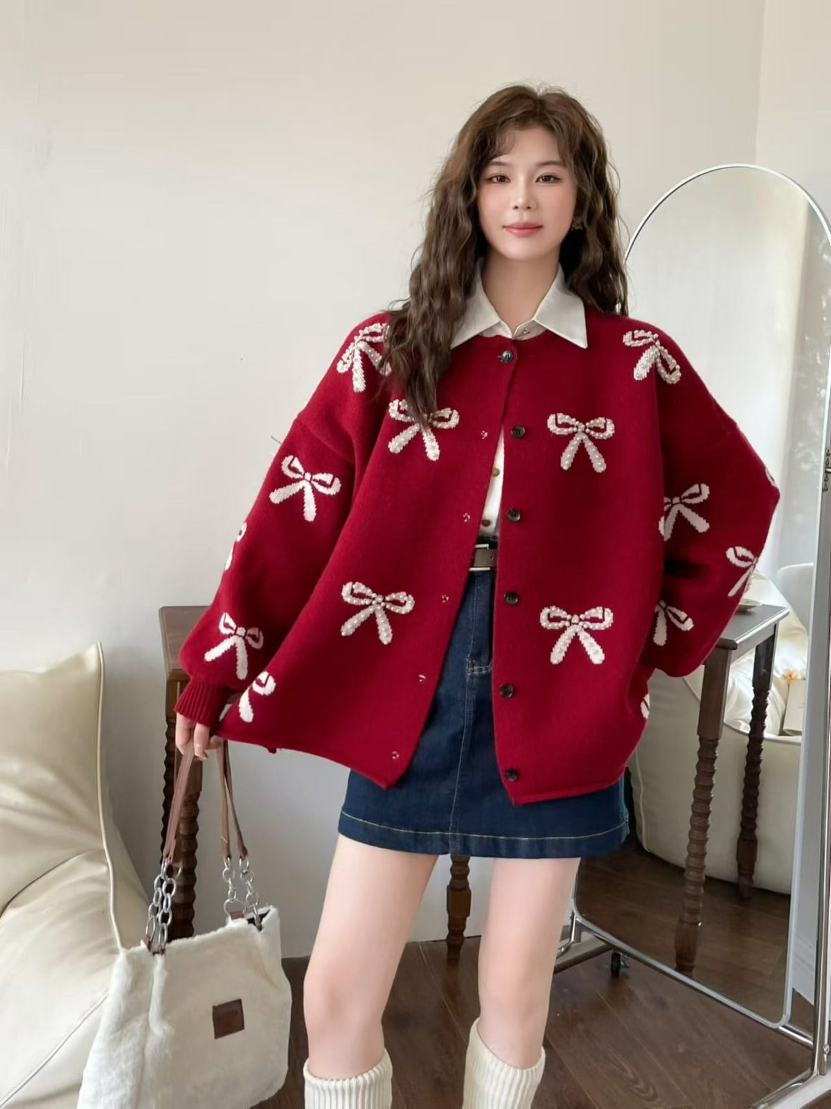 【outer】リボン付きニットカーデ　M26383