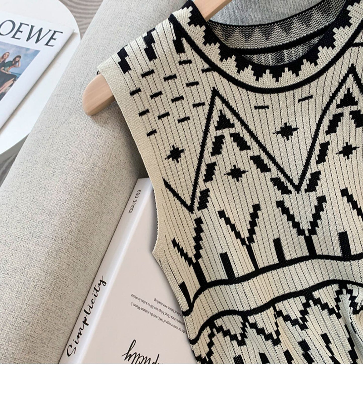 【tops】ジオメトリック柄ニットタンクトップF7304