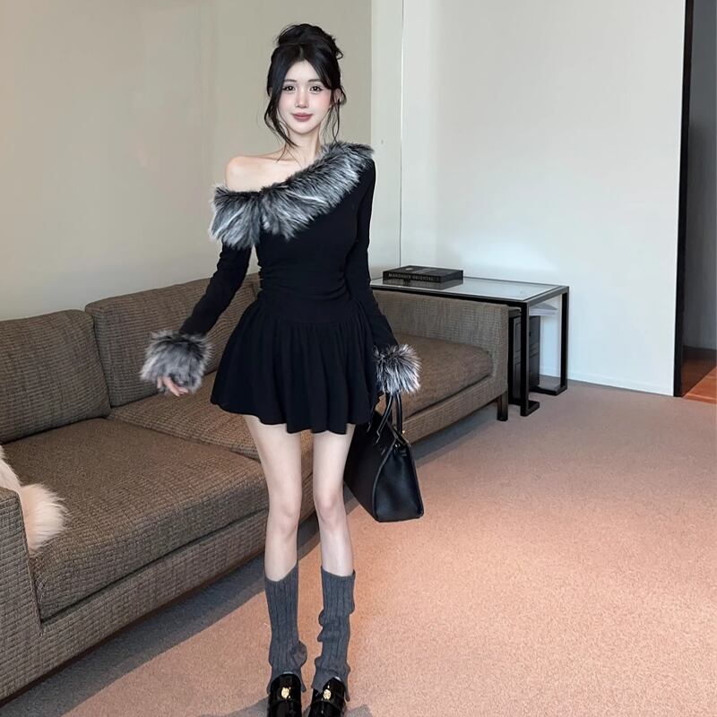 【dress】ファー付きフレアワンピース Q7564