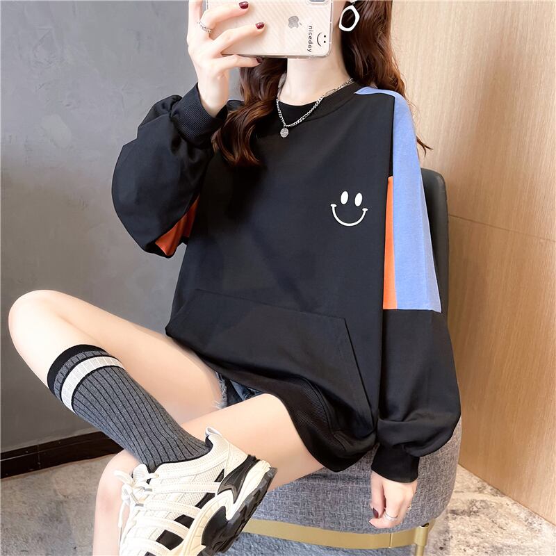 【tops】オシャレ度満点〜ラウンドネック長袖配色英字柄ゆったり着回しパーカーF0677