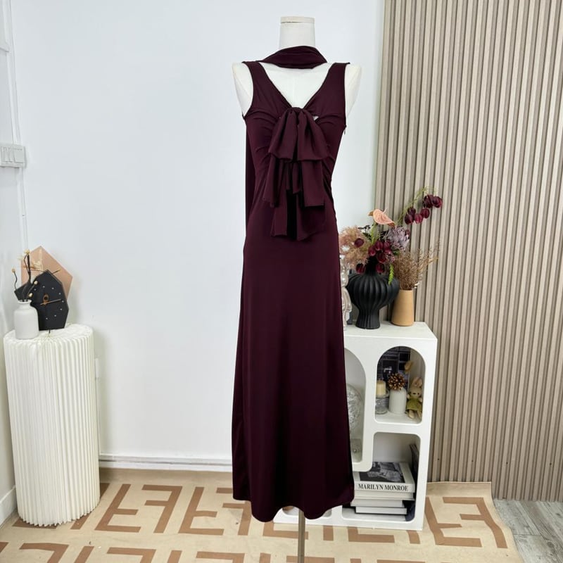 【dress】スカーフ付きノースリーブリボンロングワンピース Q7817
