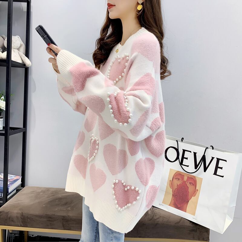 【tops】必ず目を引く2色ラウンドネック長袖ハート柄配色ゆったりビーズ飾りニットセーターF0682