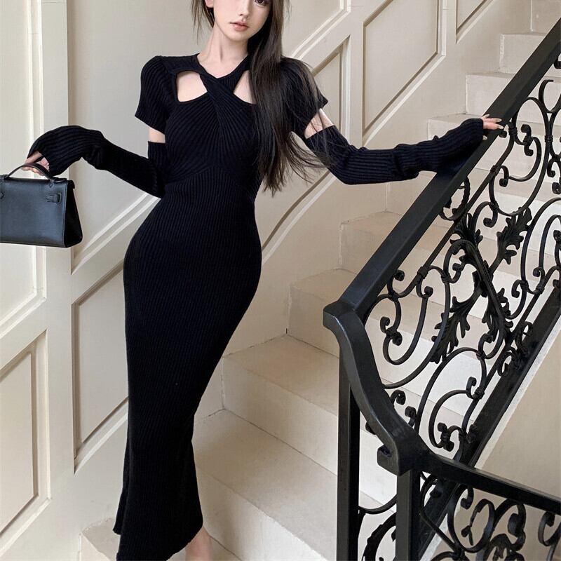【dress】アームカバー付きニットワンピース　M28247