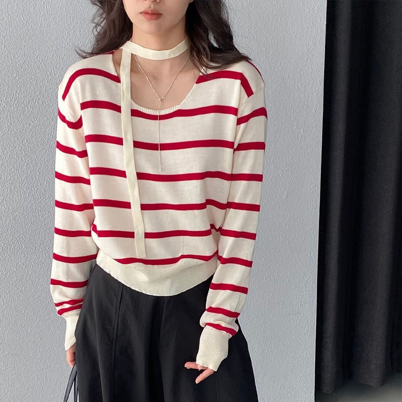 【tops】スカーフ付きボーダー柄ニットトップス Q8284