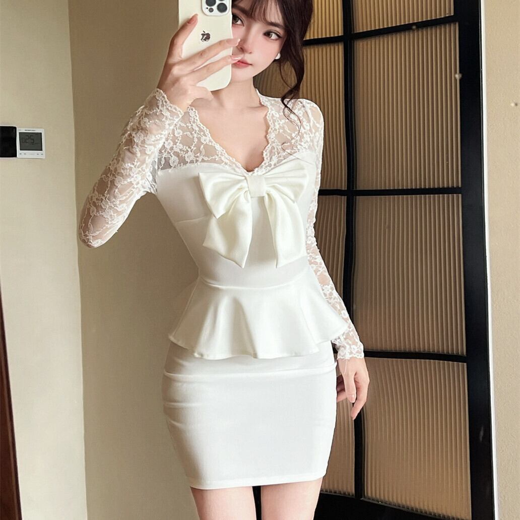 【dress】レース切り替えリボン付きワンピース　M27379