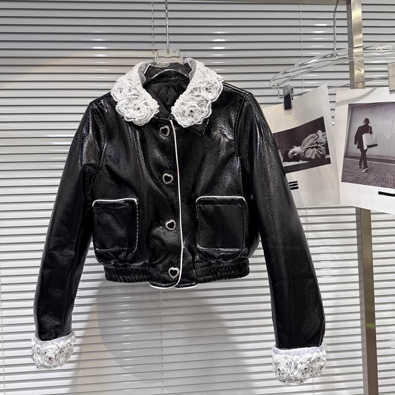 【outer】レースドッキングPU中綿ジャケット Q7336