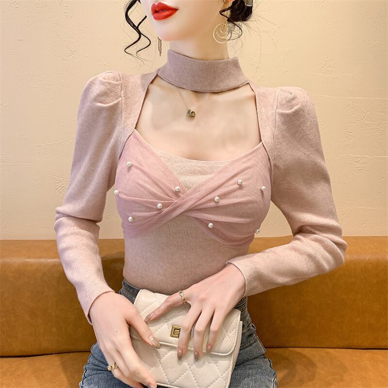【tops】パールチュールコンビニットトップス　M28267