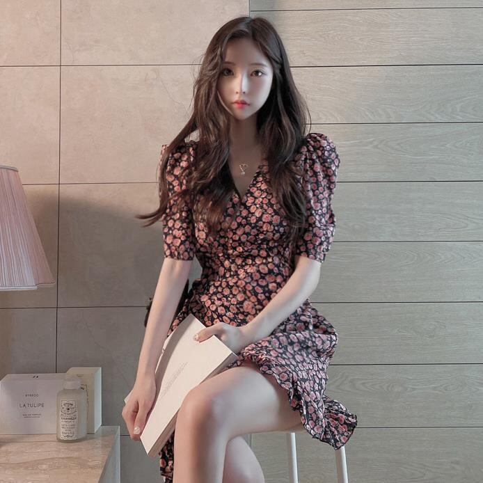 【dress】美人度アップ!気質満点スウィートVネックパフスリーブシフォン花柄ワンピース