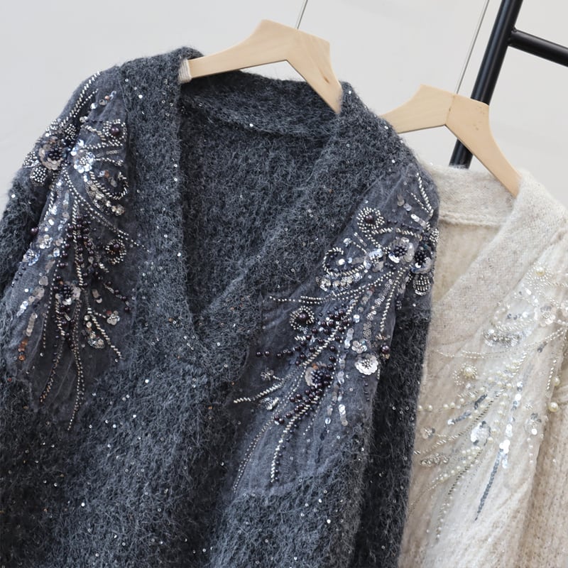 【tops】Vネックスパンコール付きニットトップス Q7436
