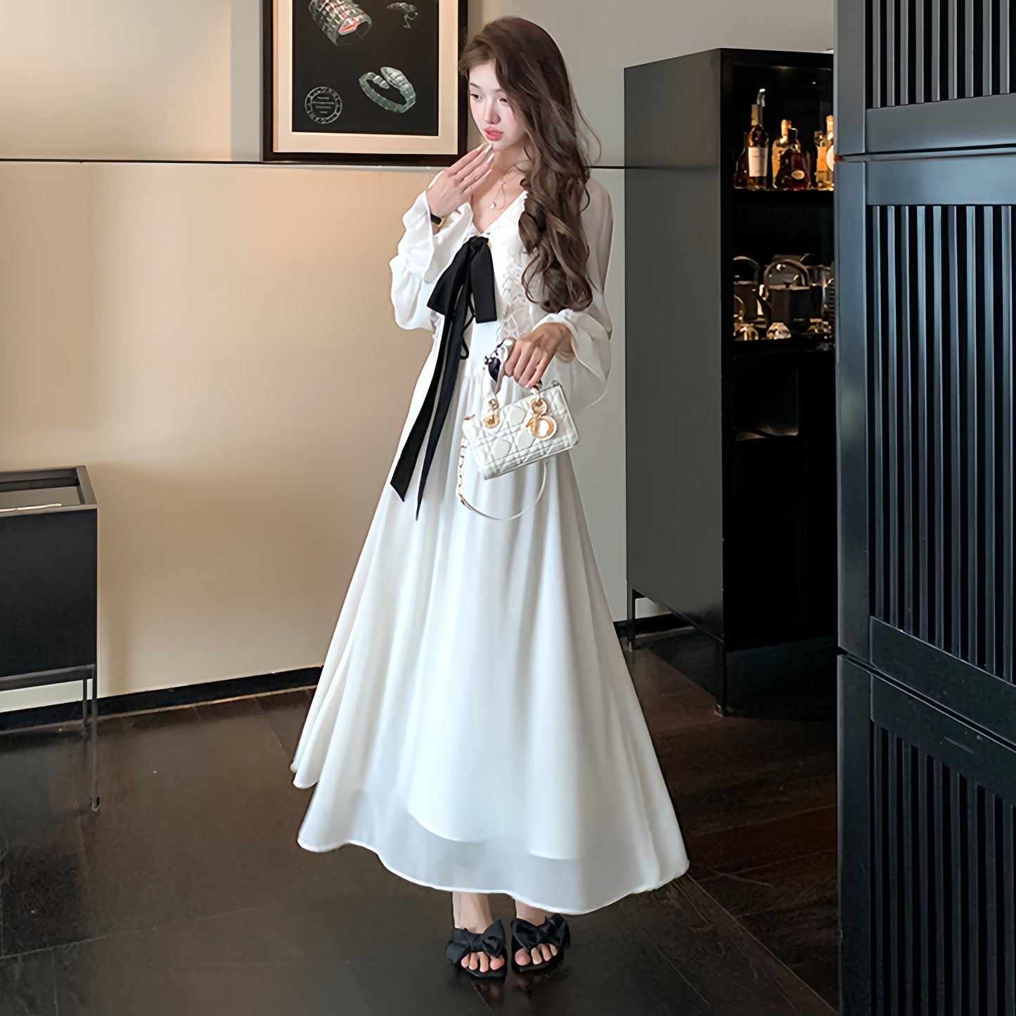【dress】ビッグリボンレースドッキングロングワンピース　N3316