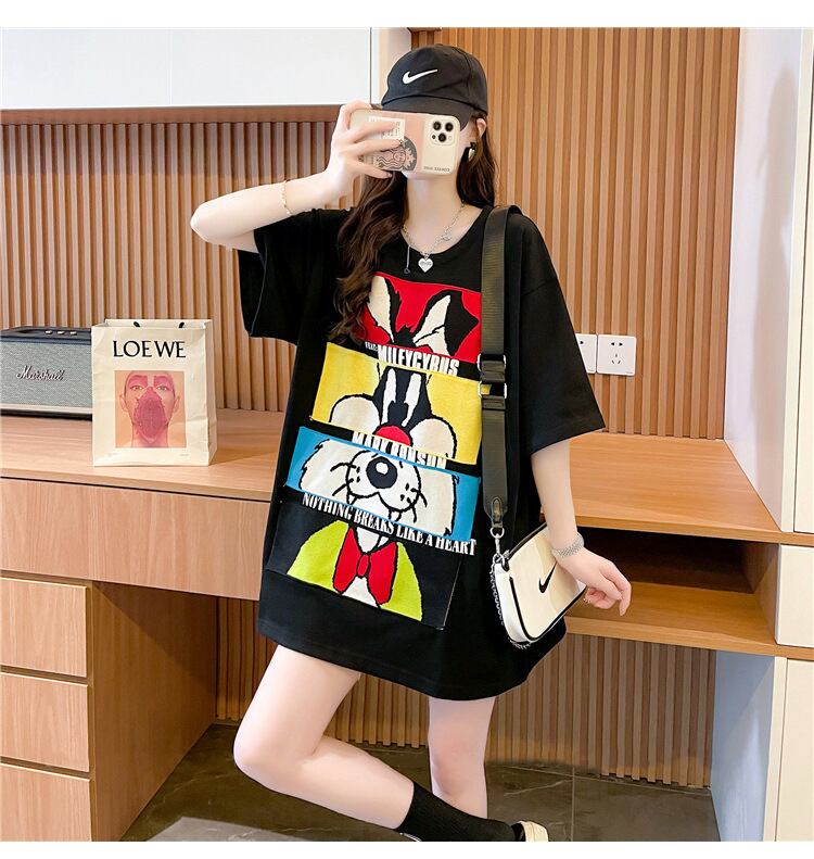 【tops】2色ラウンドネック半袖配色動物柄英字柄ゆったり着回しTシャツF2272