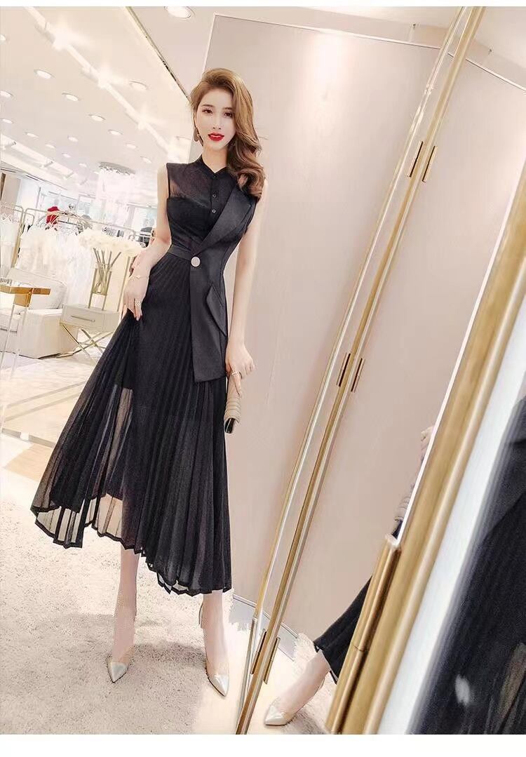 【dress】知的で品の良いノースリーブ無地切り替えウェスト絞りプリーツイレギュラーワンピースF2692