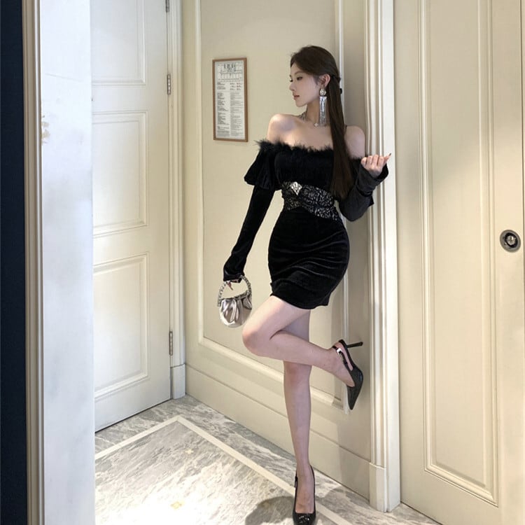 【dress】ボートネックファーワンピース　M27769