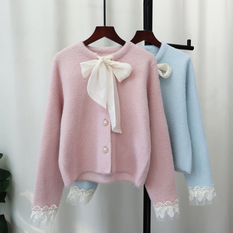 【outer】リボン付きニットカーディガン Q6951