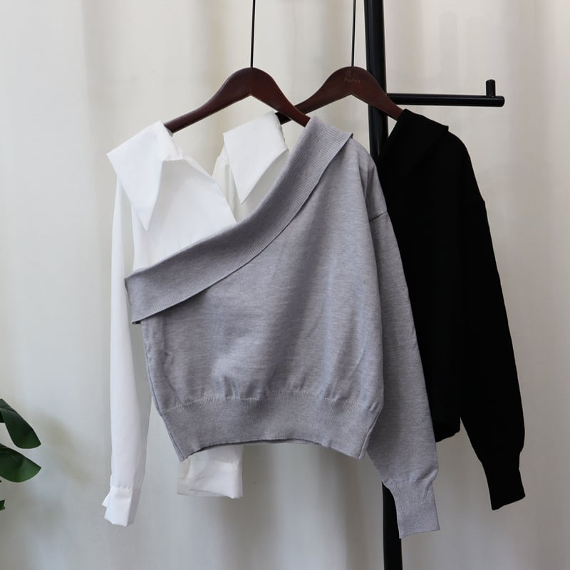 【tops】シャツ切り替えニットセーター　M26292