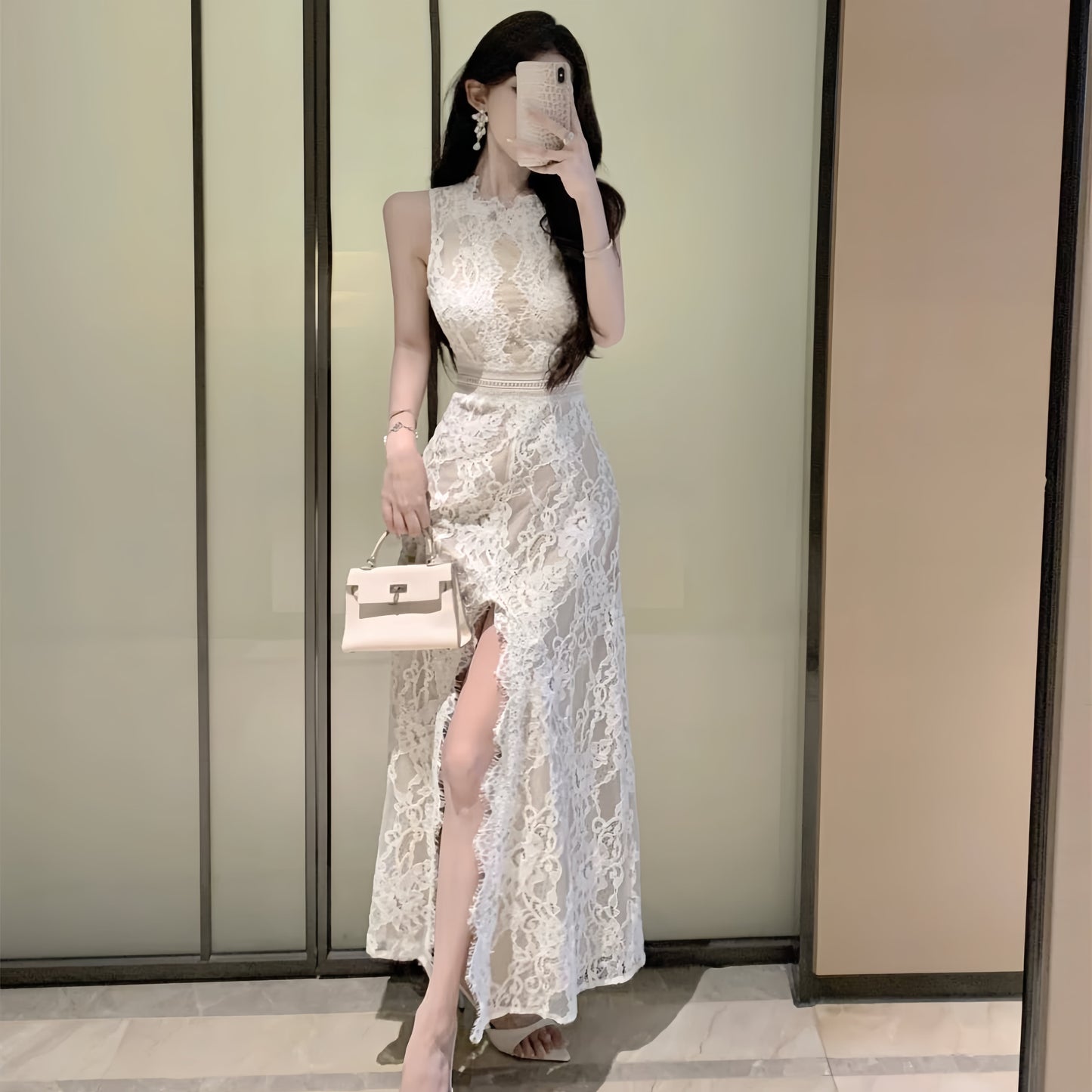 【dress】バックオープンスリットレースワンピース　M32516