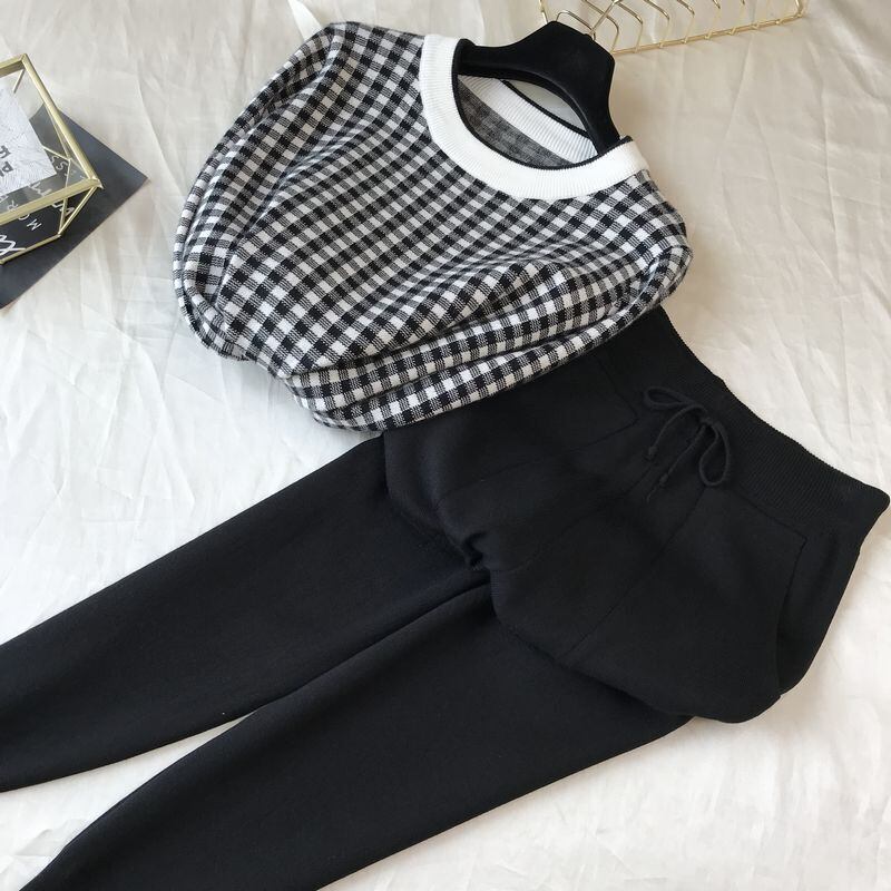 【set】着心地良い気質満点レトロINS風ルーズニットトップス+パンツ２点セット G3138