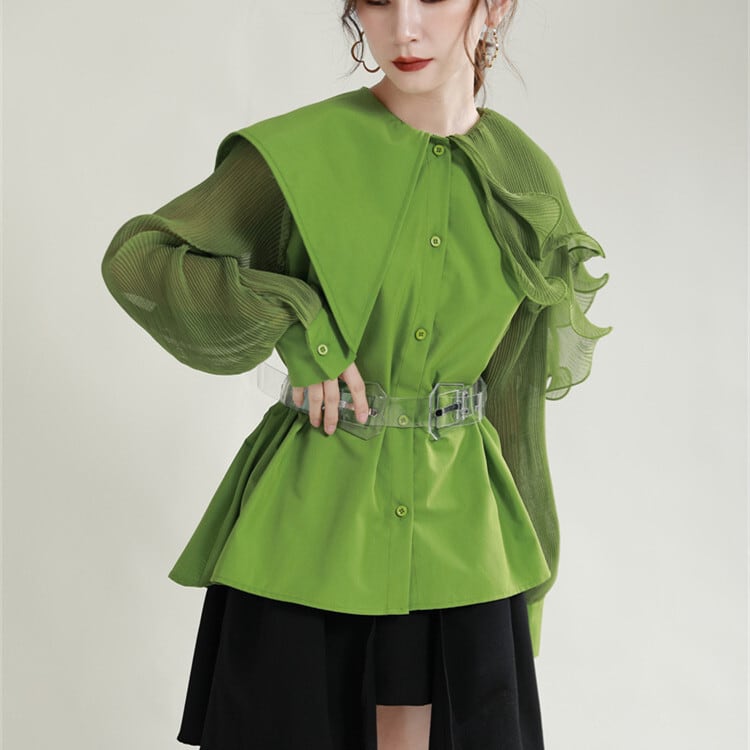 【tops】フリル不規則 イレギュラーシャツブラウス　M29334