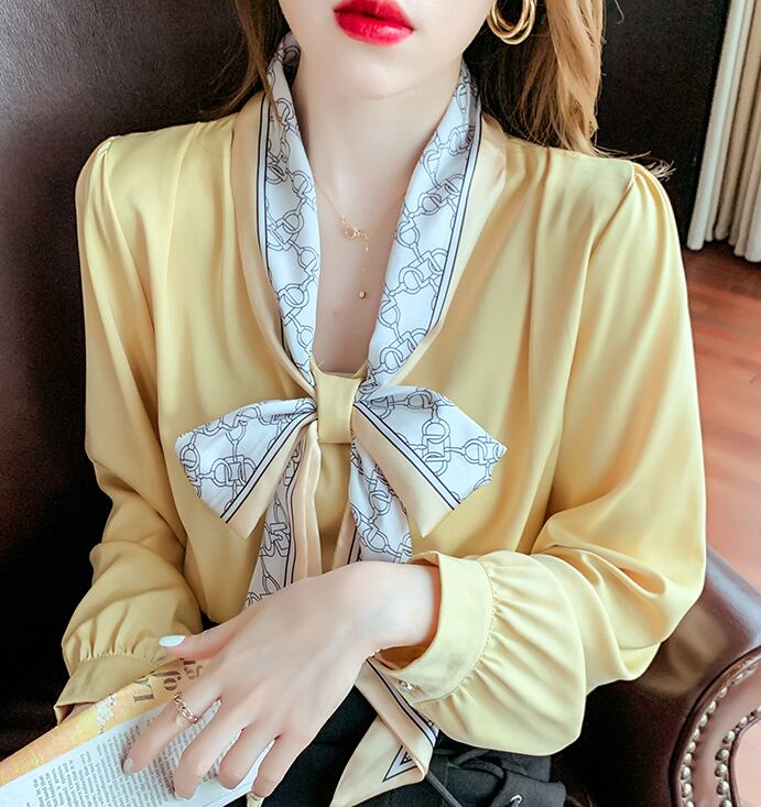 【tops】タイカラー長袖プリント配色ファッションゆったり着回しブラウスF0601