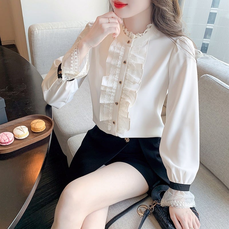 【tops】レース切り替えシャツトップス　M29092