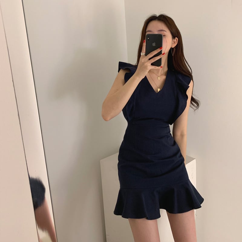 【dress】韓国風好感度UP!気質満点レトロフリル着痩せマーメイドワンピース G0127