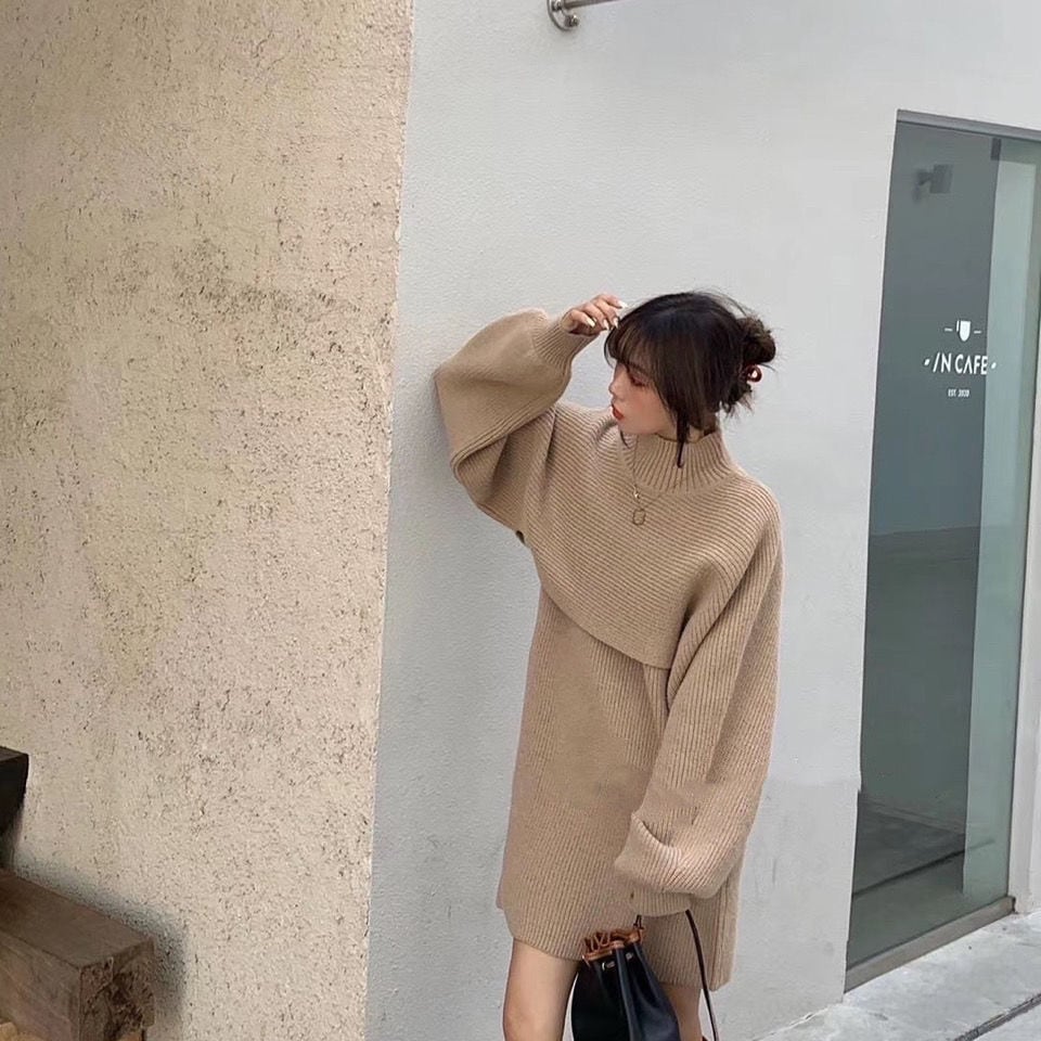 【set】2点セット無地パフスリーブセーター+体型カバーワンピース通勤日常ニットセットアップF0855