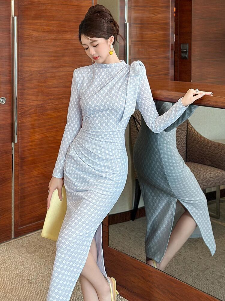 【dress】リボン付きスリット入れニットワンピース Q7186