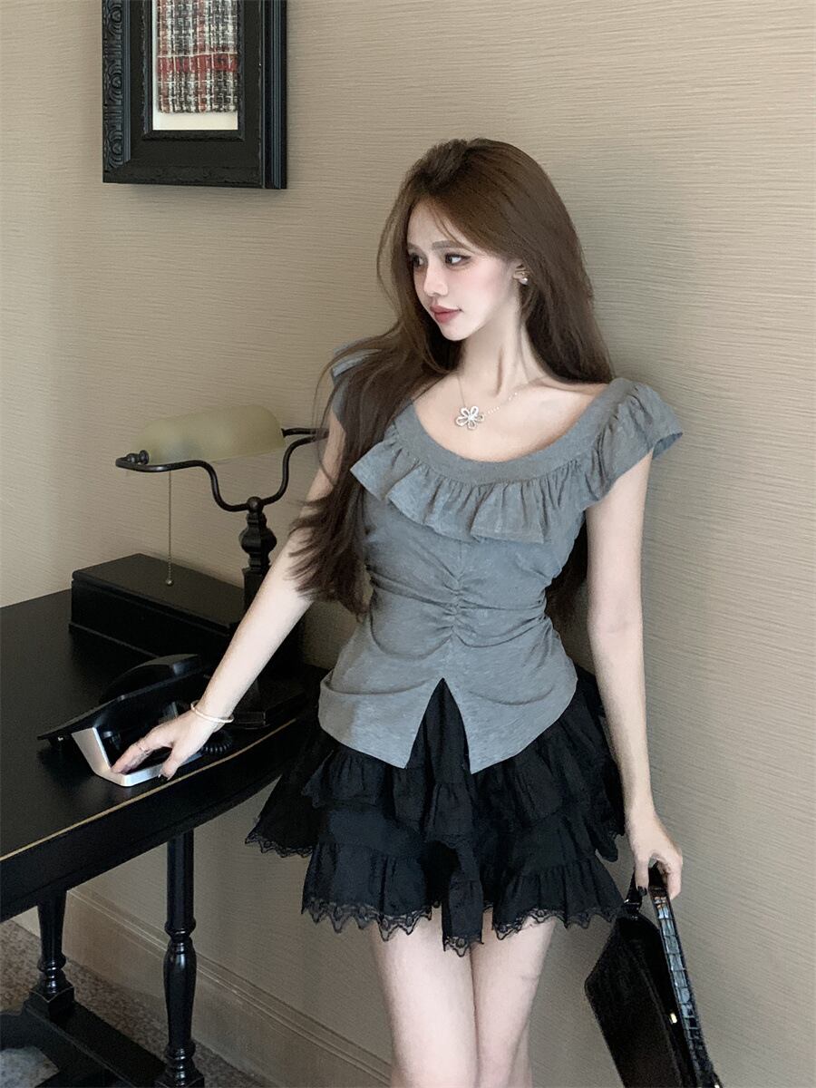 【tops】オフショルダーフリルTシャツトップスG21340