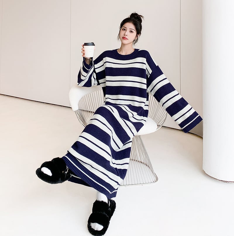 【dress】ボーダー柄ロングニットワンピース　N2185