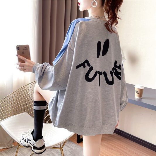 【tops】オシャレ度満点〜ラウンドネック長袖配色英字柄ゆったり着回しパーカーF0677