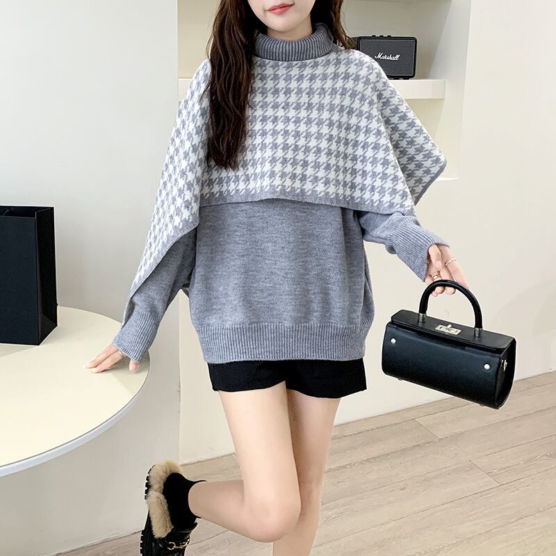 【tops】千鳥格子ドッキングニットセーター　M18543