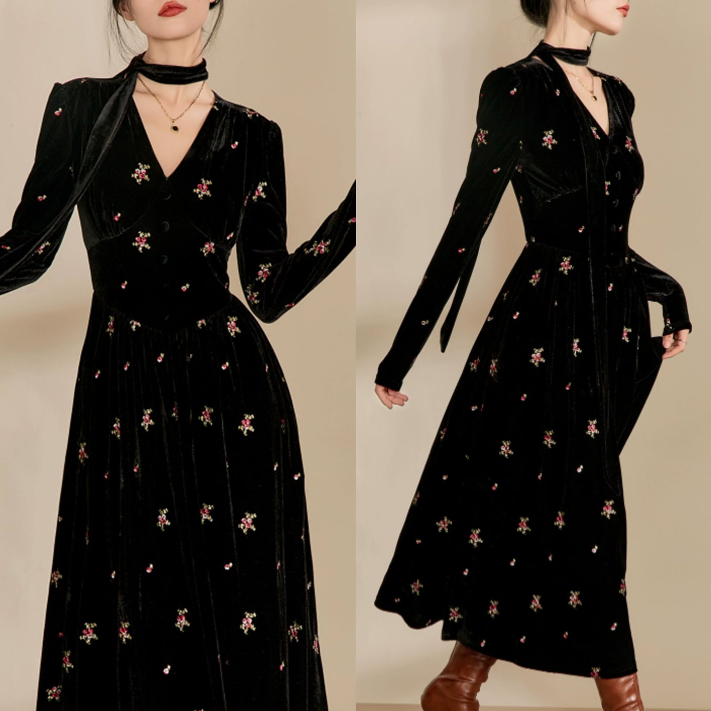 【dress】刺繍Ｖネックデートワンピース　N2393
