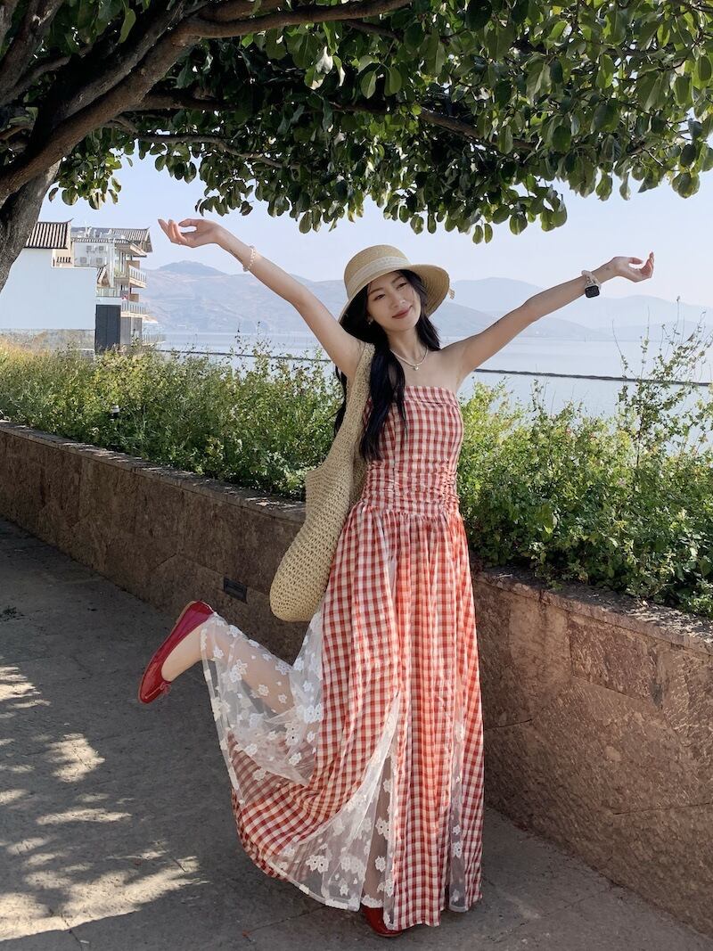 【dress】レースドッキングチェック柄ワンピース　M29795