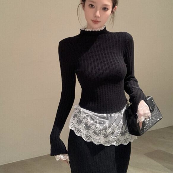【tops】レース切り替えニットトップス　M28740