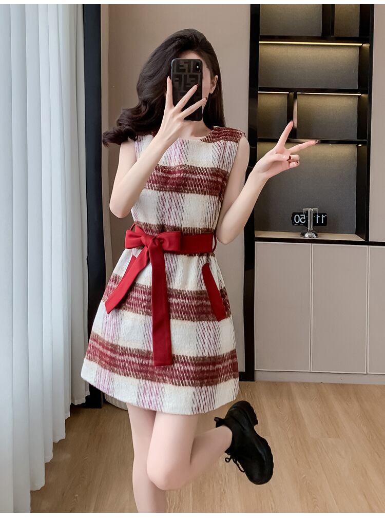 【set】チェック柄ショートコート×ベストワンピースセット　M27623