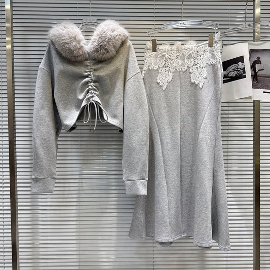 【set】2WAYフードファーパーカー×マーメイドスカートセット N3480